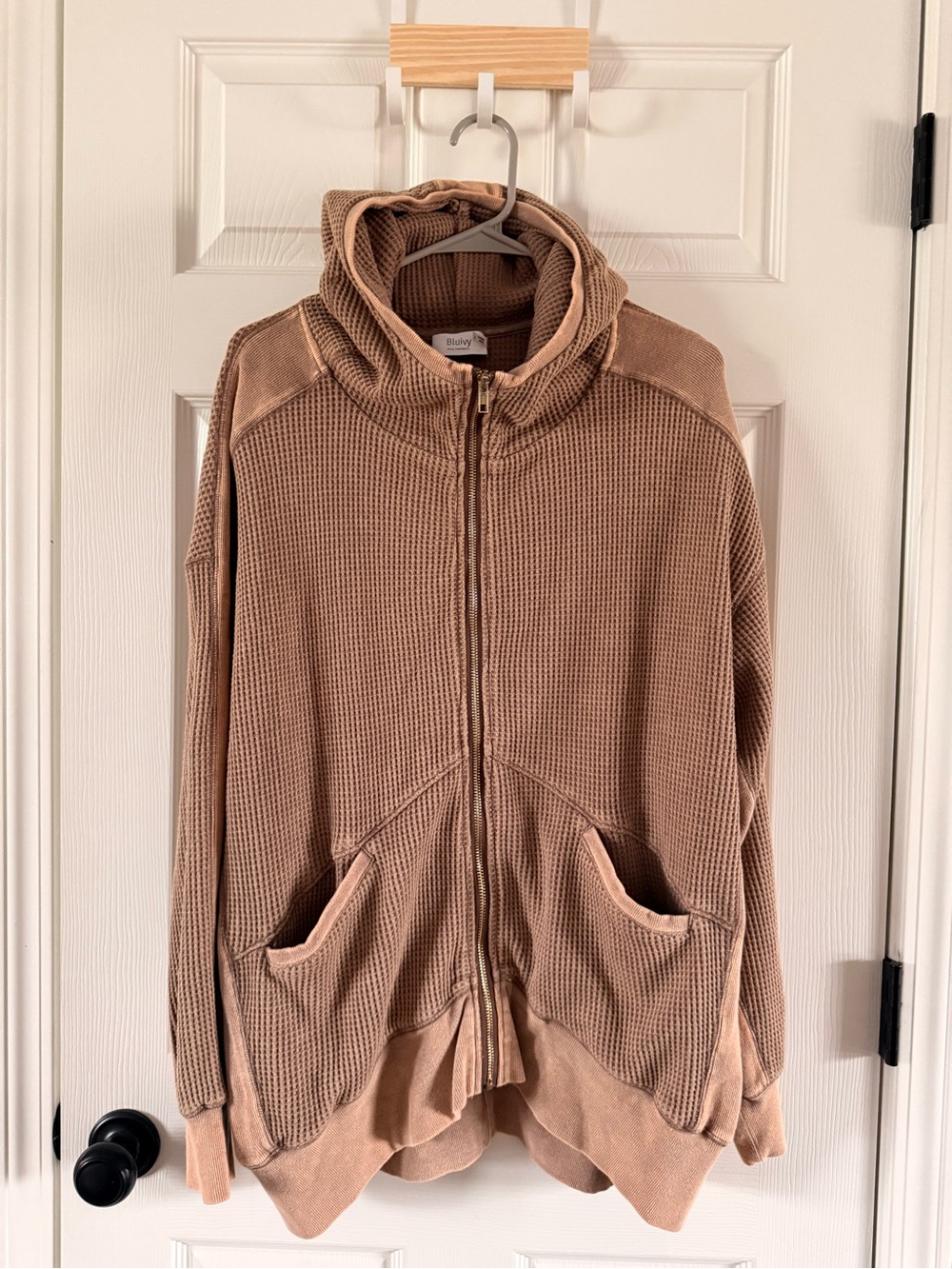 Bluivy Waffle Knit Zip Hoodie - Beige